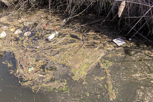 Las Aguas Residuales Sucias Basura Doméstica Río Pequeño Canal Riego — Foto de Stock