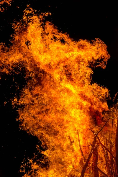 Fuoco Campo Bruciante Notte Fiamma Pettini Come Struttura Sfondo Rami — Foto Stock