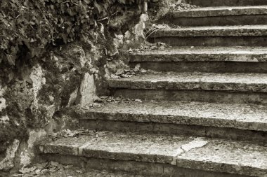 Eski, açık, taştan bir merdiven. Taş, eski merdivenlerin çimento basamaklarında yıpranma ve yıpranma izleri var. Eski taş bir merdiven, eski kırık basamaklar. Seçici odak