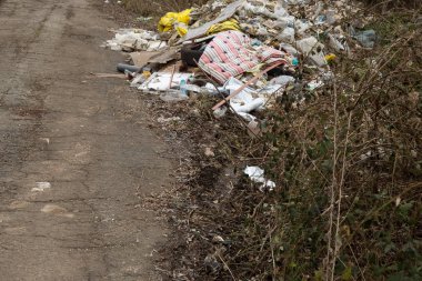 Orman çöpte. İnsanlar yasadışı orman çöp atmak. İnsan ve doğa kavramı. Doğada yasadışı çöplüğü. Orman patika yakınındaki çöp çevre kirletici kirli. Çöp, çöp
