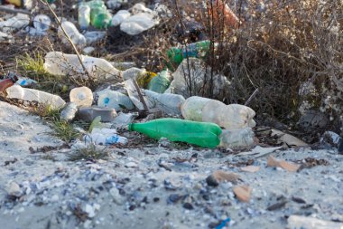 Büyük bir şehrin sahilde dökülen çöp. Boş kirli plastik şişeler kullanılır. Karadeniz'in kirli deniz, kumlu sahili. Çevre kirliliği. Ekolojik sorun