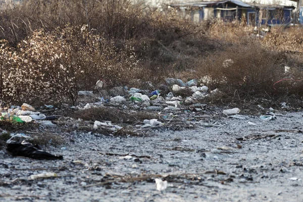 大都市のビーチでこぼれたゴミ 汚れたプラスチック ボトルを使用されます 黒海の汚い海 砂浜海岸 環境汚染です 生態学的な問題 — ストック写真