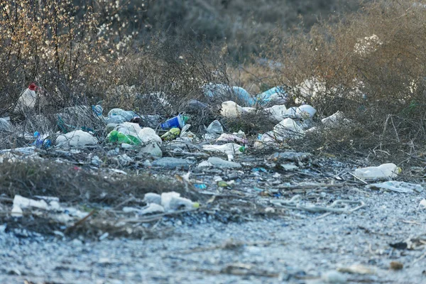 Пролил Мусор Пляж Большого Города Пустые Использованные Грязные Пластиковые Бутылки — стоковое фото