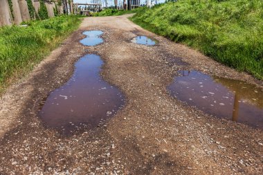 Çok kötü kalite yol çukurların ile. Asfalt, kötü asfalt delik. Çukur, güvensiz, delik yol. Ulaşım, yollar, imha hareketi tarafından araba konsepti riski. Kötü yollar kavramı
