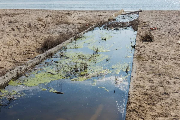 Descarga Aguas Residuales Industriales Sucias Mar Playa Ciudad Envenenamiento Áreas — Foto de Stock