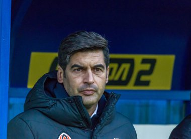 ODESSA, UKRAINE -2 Mart 2019: Ünlü futbol teknik direktörü Paulo Alexandre Rodrigues Fonseca ile Shakhtar (Donetsk) maçı sırasında Chornomorets. Basın toplantısı, yorumlar Baş antrenör Paulo Fonseca