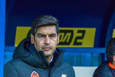 ODESSA, UKRAINE -2 Mart 2019: Ünlü futbol teknik direktörü Paulo Alexandre Rodrigues Fonseca ile Shakhtar (Donetsk) maçı sırasında Chornomorets. Basın toplantısı, yorumlar Baş antrenör Paulo Fonseca