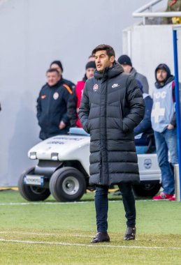 ODESSA, UKRAINE -2 Mart 2019: Ünlü futbol teknik direktörü Paulo Alexandre Rodrigues Fonseca ile Shakhtar (Donetsk) maçı sırasında Chornomorets. Basın toplantısı, yorumlar Baş antrenör Paulo Fonseca