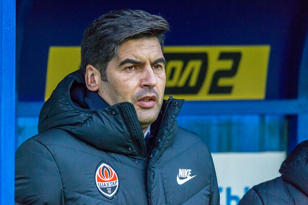 ОДЕССА, Украина -2 марта 2019: Легендарный известный футбольный тренер Пауло Александр Родригес Фонсека во время матча "Шахтера" (Донецк) с Черноморец. Пресс-конференция, комментарии главного тренера Пауло Фонсека
