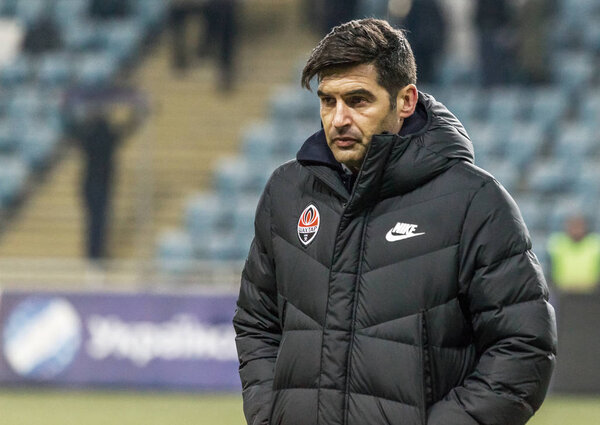 ОДЕССА, Украина -2 марта 2019: Легендарный известный футбольный тренер Пауло Александр Родригес Фонсека во время матча "Шахтера" (Донецк) с Черноморец. Пресс-конференция, комментарии главного тренера Пауло Фонсека
