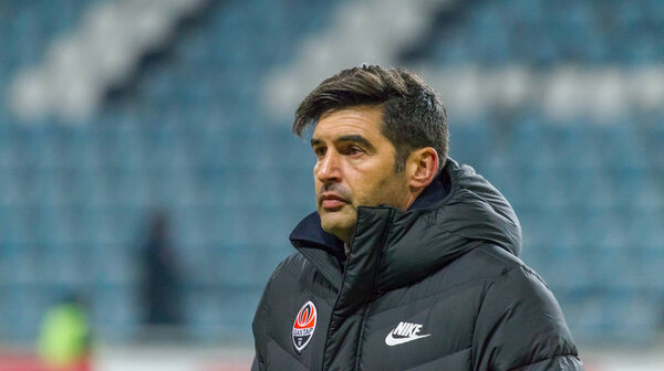 ОДЕССА, Украина -2 марта 2019: Легендарный известный футбольный тренер Пауло Александр Родригес Фонсека во время матча "Шахтера" (Донецк) с Черноморец. Пресс-конференция, комментарии главного тренера Пауло Фонсека
