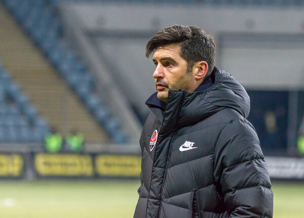 ОДЕССА, Украина -2 марта 2019: Легендарный известный футбольный тренер Пауло Александр Родригес Фонсека во время матча "Шахтера" (Донецк) с Черноморец. Пресс-конференция, комментарии главного тренера Пауло Фонсека
