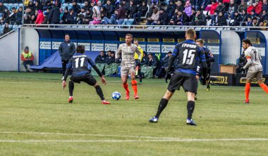 Odessa, Ukrayna -2 Mart 2019: Alan Patrick, Brezilya, Shakhtar orta saha oyuncusu. Shakhtar Donetsk - Chernomorets Odessa futbolcular. Ukrayna Premier Ligi yoğun oyunu