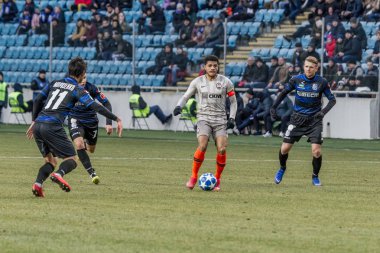 Odessa, Ukrayna -2 Mart 2019: Madenci Tyson, Brezilya, Kaptan. Shakhtar Donetsk - Chernomorets Odessa futbolcular. Ukrayna Premier Ligi yoğun oyunu