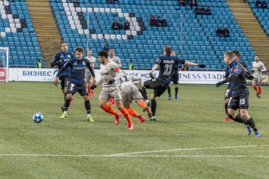 Odessa, Ukrayna -2 Mart 2019: Madenci Tyson, Brezilya, Kaptan. Shakhtar Donetsk - Chernomorets Odessa futbolcular. Ukrayna Premier Ligi yoğun oyunu