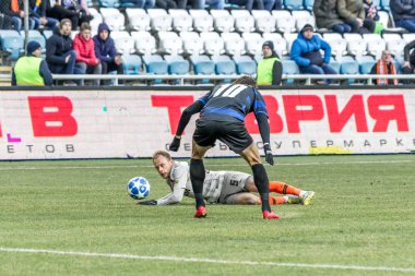 Odessa, Ukrayna - 2 Mart 2019: Shakhtar Donetsk - Chernomorets Odessa, futbol oyuncuları. Ukrayna Premier Ligi yoğun oyunu