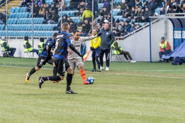 Odessa, Ukrayna - 2 Mart 2019: Shakhtar Donetsk - Chernomorets Odessa, futbol oyuncuları. Ukrayna Premier Ligi yoğun oyunu