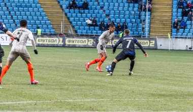 Odessa, Ukrayna - 2 Mart 2019: Shakhtar Donetsk - Chernomorets Odessa, futbol oyuncuları. Ukrayna Premier Ligi yoğun oyunu
