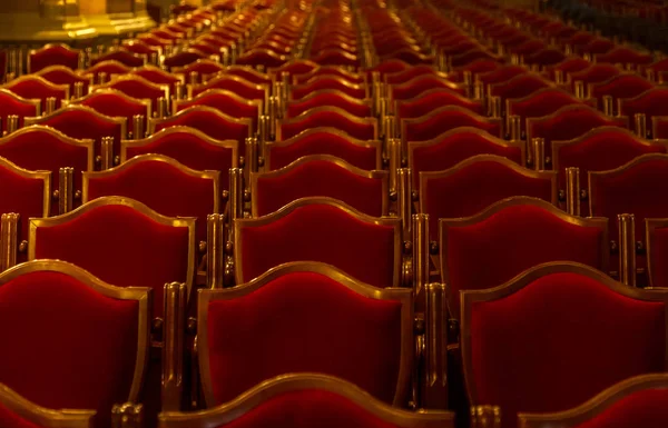 Interior theater art. Audience with empty soft armchairs of Opera and Ballet Theater is waiting for audience. Empty interior of concert theater before performance and without spectators. Soft focus