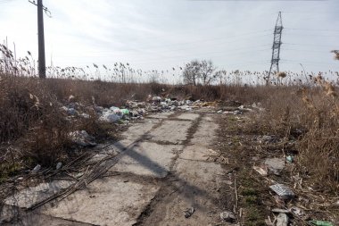 Yolda çöp yığınları. Yol ve patika çöp dolu
