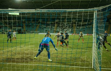 Odessa, Ukrayna - 2 Mart 2019: Shakhtar Donetsk - Chernomorets Odessa, futbol oyuncuları. Ukrayna Premier Ligi yoğun oyunu