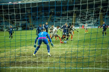 Odessa, Ukrayna - 2 Mart 2019: Shakhtar Donetsk - Chernomorets Odessa, futbol oyuncuları. Ukrayna Premier Ligi yoğun oyunu
