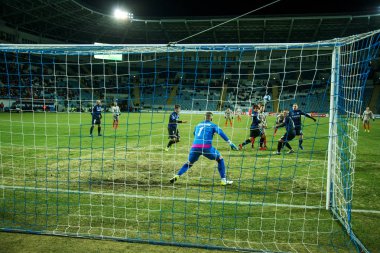 Odessa, Ukrayna - 2 Mart 2019: Shakhtar Donetsk - Chernomorets Odessa, futbol oyuncuları. Ukrayna Premier Ligi yoğun oyunu