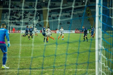 Odessa, Ukrayna - 2 Mart 2019: Shakhtar Donetsk - Chernomorets Odessa, futbol oyuncuları. Ukrayna Premier Ligi yoğun oyunu