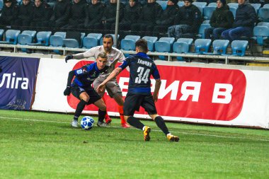 Odessa, Ukrayna - 2 Mart 2019: Shakhtar Donetsk - Chernomorets Odessa, futbol oyuncuları. Ukrayna Premier Ligi yoğun oyunu