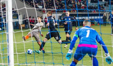 Odessa, Ukrayna - 2 Mart 2019: Shakhtar Donetsk - Chernomorets Odessa, futbol oyuncuları. Ukrayna Premier Ligi yoğun oyunu