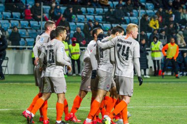 Odessa, Ukrayna - 2 Mart 2019: Shakhtar Donetsk - Chernomorets Odessa, futbol oyuncuları. Ukrayna Premier Ligi yoğun oyunu