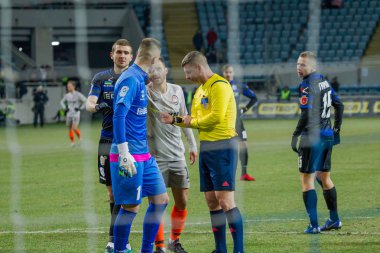 Odessa, Ukrayna - 2 Mart 2019: Shakhtar Donetsk - Chernomorets Odessa, futbol oyuncuları. Ukrayna Premier Ligi yoğun oyunu