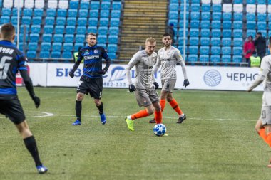Odessa, Ukrayna - 2 Mart 2019: Shakhtar Donetsk - Chernomorets Odessa, futbol oyuncuları. Ukrayna Premier Ligi yoğun oyunu