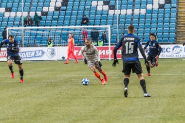 Odessa, Ukrayna - 2 Mart 2019: Shakhtar Donetsk - Chernomorets Odessa, futbol oyuncuları. Ukrayna Premier Ligi yoğun oyunu