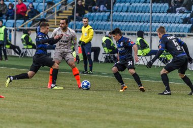 Odessa, Ukrayna - 2 Mart 2019: Shakhtar Donetsk - Chernomorets Odessa, futbol oyuncuları. Ukrayna Premier Ligi yoğun oyunu