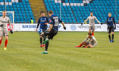 Odessa, Ukrayna - 2 Mart 2019: Shakhtar Donetsk - Chernomorets Odessa, futbol oyuncuları. Ukrayna Premier Ligi yoğun oyunu