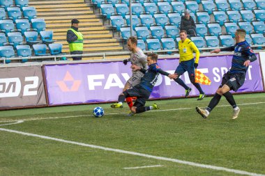 Odessa, Ukrayna - 2 Mart 2019: Shakhtar Donetsk - Chernomorets Odessa, futbol oyuncuları. Ukrayna Premier Ligi yoğun oyunu