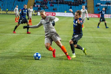 Odessa, Ukrayna - 2 Mart 2019: Shakhtar Donetsk - Chernomorets Odessa, futbol oyuncuları. Ukrayna Premier Ligi yoğun oyunu