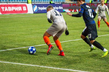 Odessa, Ukrayna - 2 Mart 2019: Shakhtar Donetsk - Chernomorets Odessa, futbol oyuncuları. Ukrayna Premier Ligi yoğun oyunu