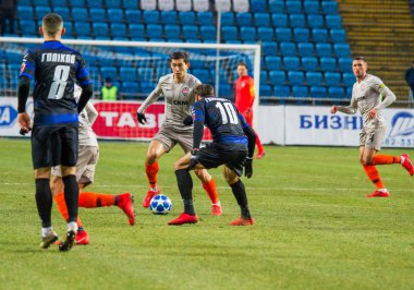 Odessa, Ukrayna - 2 Mart 2019: Shakhtar Donetsk - Chernomorets Odessa, futbol oyuncuları. Ukrayna Premier Ligi yoğun oyunu