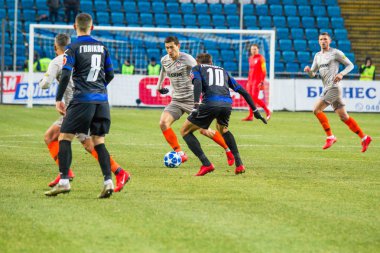 Odessa, Ukrayna - 2 Mart 2019: Shakhtar Donetsk - Chernomorets Odessa, futbol oyuncuları. Ukrayna Premier Ligi yoğun oyunu
