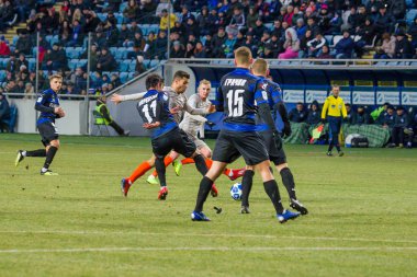 Odessa, Ukrayna - 2 Mart 2019: Shakhtar Donetsk - Chernomorets Odessa, futbol oyuncuları. Ukrayna Premier Ligi yoğun oyunu