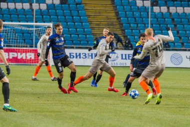 Odessa, Ukrayna - 2 Mart 2019: Shakhtar Donetsk - Chernomorets Odessa, futbol oyuncuları. Ukrayna Premier Ligi yoğun oyunu