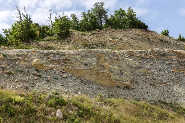 Schieferbergzementgruben Die Textur Der Steinmauer Große Steinrisse Die Trennung Des — Stockfoto