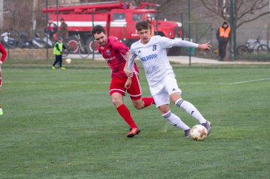 Odessa, Ukrayna-Mart 27, 2019: FC Balkanların First League maçı (Odessa)-FC Miner. Ukrayna 'nın ilk futbol ligi bölgesel ekipler oyunun gergin anları