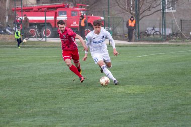 Odessa, Ukrayna-Mart 27, 2019: FC Balkanların First League maçı (Odessa)-FC Miner. Ukrayna 'nın ilk futbol ligi bölgesel ekipler oyunun gergin anları