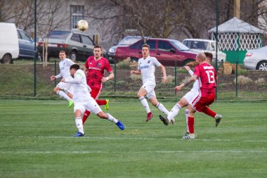 Odessa, Ukrayna-Mart 27, 2019: FC Balkanların First League maçı (Odessa)-FC Miner. Ukrayna 'nın ilk futbol ligi bölgesel ekipler oyunun gergin anları