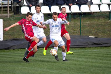 Odessa, Ukrayna-Mart 27, 2019: FC Balkanların First League maçı (Odessa)-FC Miner. Ukrayna 'nın ilk futbol ligi bölgesel ekipler oyunun gergin anları