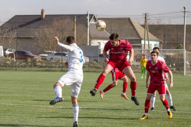 Odessa, Ukrayna-Mart 27, 2019: FC Balkanların First League maçı (Odessa)-FC Miner. Ukrayna 'nın ilk futbol ligi bölgesel ekipler oyunun gergin anları