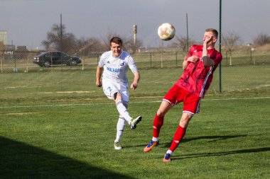 Odessa, Ukrayna-Mart 27, 2019: FC Balkanların First League maçı (Odessa)-FC Miner. Ukrayna 'nın ilk futbol ligi bölgesel ekipler oyunun gergin anları